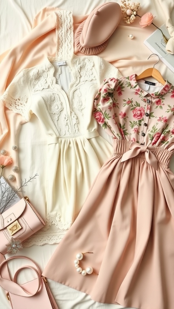 Coquette-Inspired Christmas Wishlist Ideas Flat lay of coquette-inspired fashion items including a lace dress, floral blouse, pearl earrings, and a whimsical handbag.